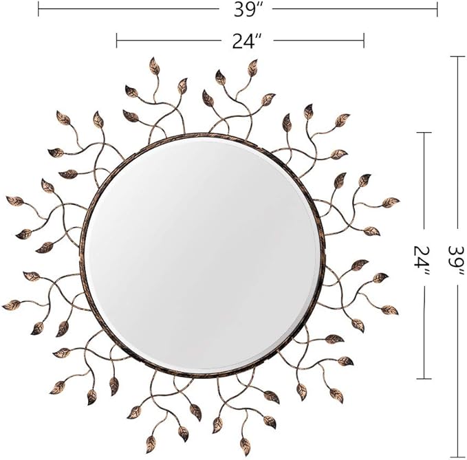 Chende Round Decorative Mirror for Wall Decor, 39" x 39" Large Living Room Mirror with Removable Metal Leaves for Entryway, Home Office, Bedroom,Farmhouse