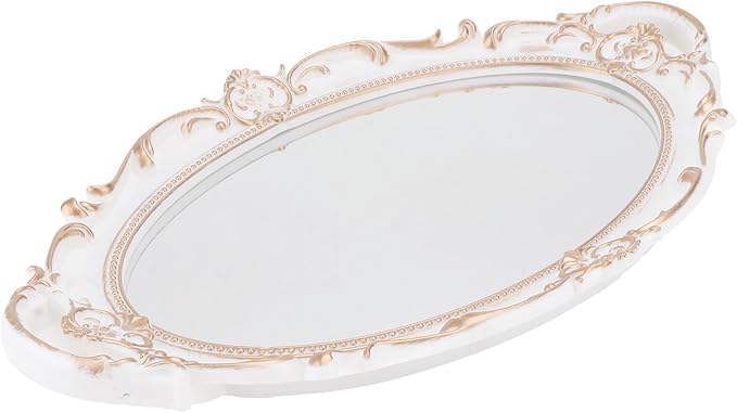 Oval Vintage Decorative Mirror Tray for Jewelry and Makeup Organizer Antique Style Photo Prop and Serving Display Elegant White Vanity Tray for Home and Events