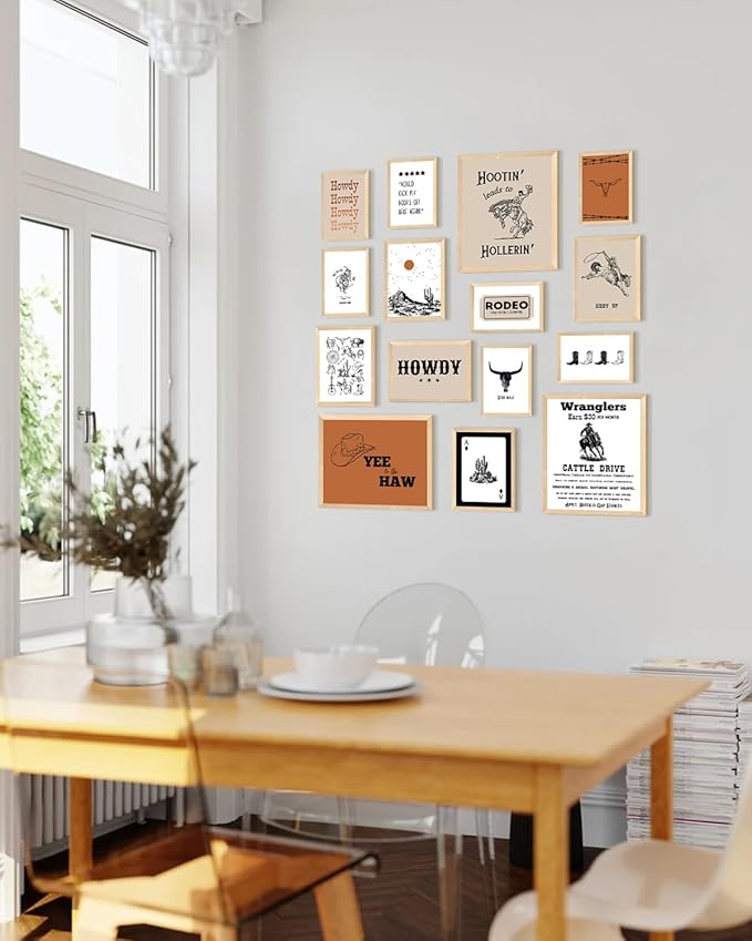 KBKBART Retro Western Wall Art Set – 15 Vintage Cowboy & Desert Prints, Wild West Rodeo and Southwest Decor for Living Room, Bedroom, or Office (Unframed, Multi Sizes, 11"x14" Largest)