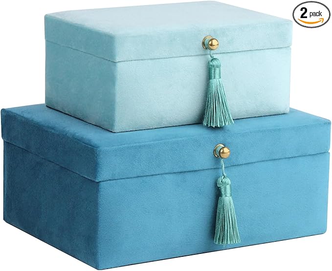 HofferRuffer Velvet Jewelry Boxes Decorative Boxes, Storage Accessory Organizer Boxes with Elegant Handle Decor, Classic Velvet Set of 2 Pieces (Blue)