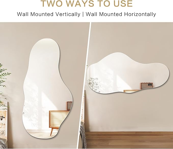 Niccy 48"×24" Frameless Cloud Full Length Mirrors, Long Wall-Mounted Mirror for Living Room, Large Full Body Floor Mirror, Explosion-Proof Tall Hanging-Mirror for Bathroom Bedroom Entryway Decor