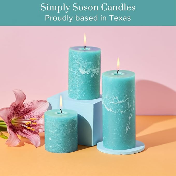 Simply Soson 3x6 inch Turquoise Unscented Pillar Candle, Set of 3 Pillar Candles, Rustic Texture, Dripless Candles, Ideal for Parties, Spa, Dinner, Home Decor, Bathroom