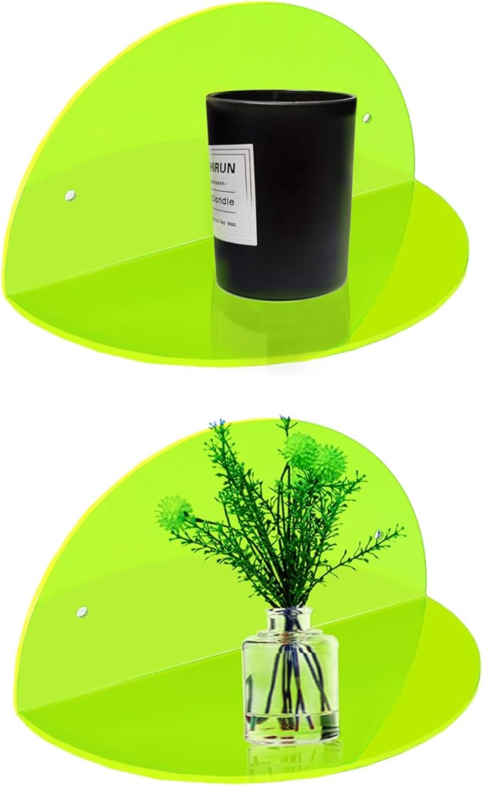 ROYALITA Small Acrylic Shelves Room Decor Floating Shelves (2-Pack, 8-inch Diameter) - Wall Mounted Display Stand for Plants, Toys, Makeup, and More - Ideal for Home and Office, Green
