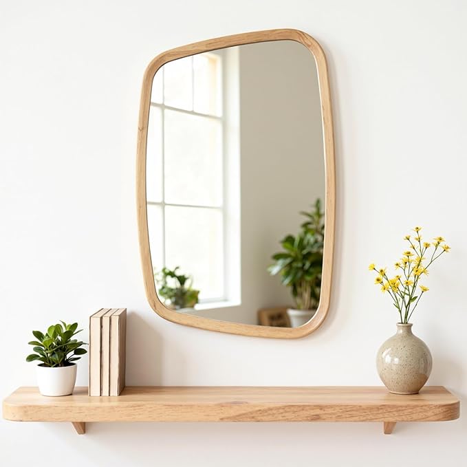 20"x31" Irregular Wood Mirror, Nature Asymmetrical Wall Mirror for Bathroom, Modern Farmhouse Vanity Mirror for Bedroom Living Room Washroom Entryway