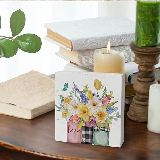 Spring Summer Floral Decor, Home Wooden Sign, Colorful Tulip Flower Decor Wooden Box Sign Decoration for Farmhouse Shelf Table Decoration,Vase with Flowers Prints Sign 5x5