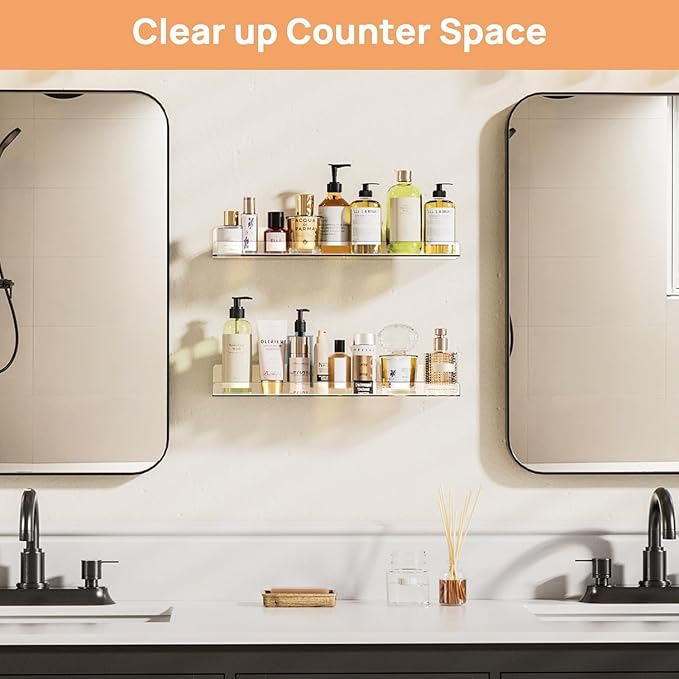 Acrylic Shelves for Bathroom Storage, 15" Floating Shelves Wall Organizer for Perfume, Make up, Skincare, Kids Bookshelf for Bedroom, Nursery, Living Room Decor, Clear 2 Pack