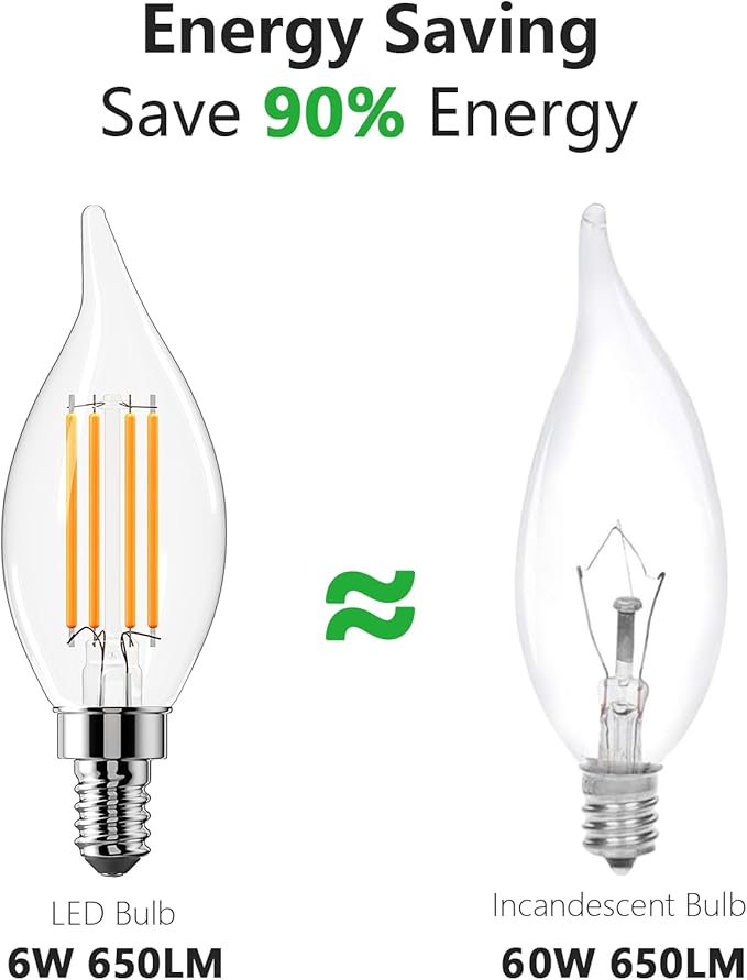 CYLYT E12 Chandelier Bulb 60 watt Equivalent, Dimmable LED Candelabra Light Bulbs 6W, 2700K Warm White 650 Lumen Lightbulbs, CA11, UL Listed, Pack of 6