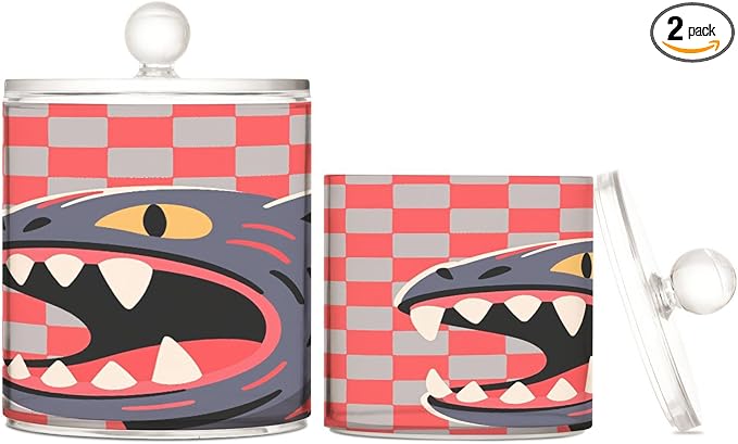 Red and Gray Checkered monsters Clear Plastic Makeup Organizer Storage with lid Pantry Essentials Decorative Dental floss storage jar for Cotton Swabs,Cotton Pads,Floss Picks,Paper Clips,Hair