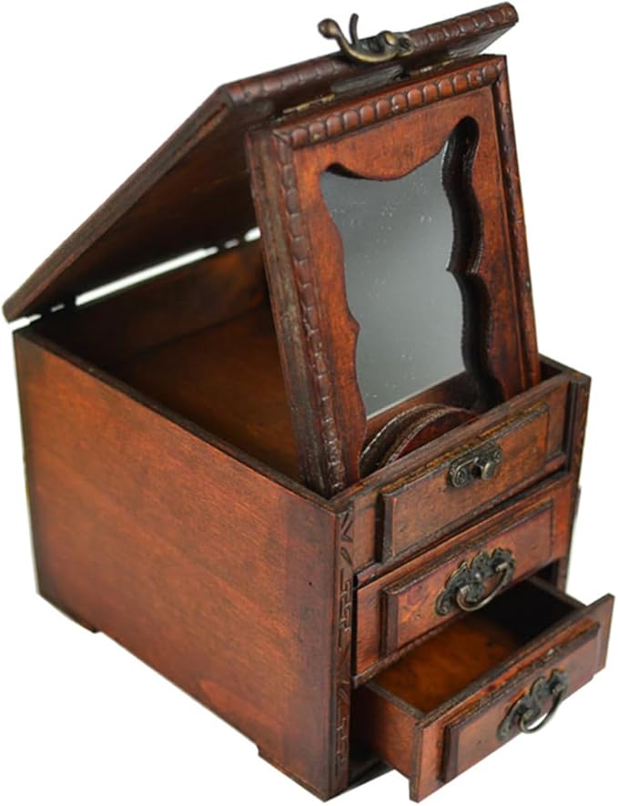 OUNONA Vintage Chinese Jewelry Box with Mirror Multi Functional Jewelry Storage Organizer for Makeup and Accessories Dustproof Wooden Case Ethnic Style Vanity Decor Gift