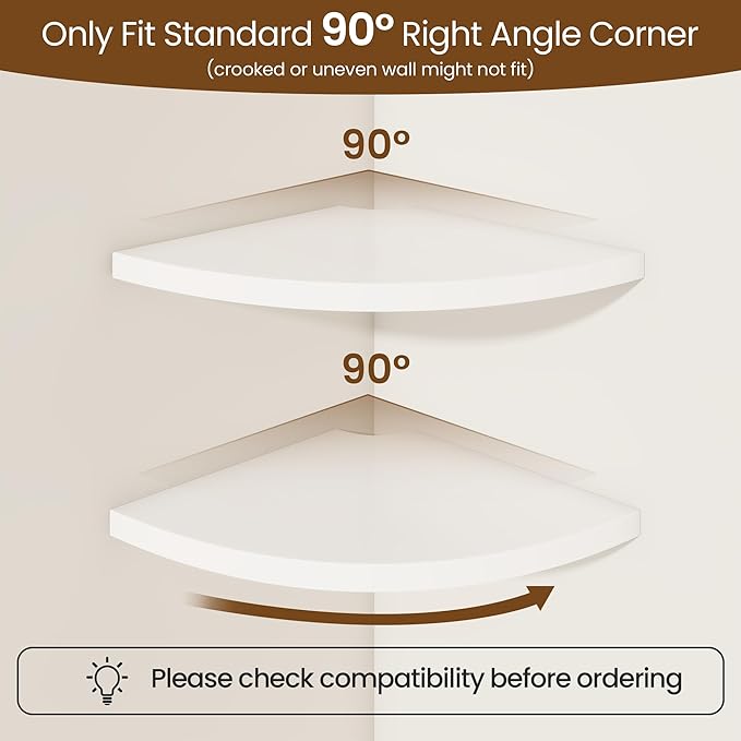 Fun Memories Corner Shelf Wall Mount Set of 2 - Solid Oak Wood Floating Corner Shelf with Cable Hole, 8.5in Rustic Design for Bedroom, Living Room, Kitchen (White)