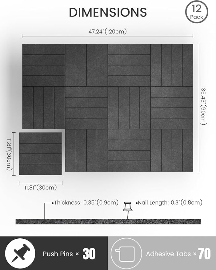 Bumusty Large Cork Board Alternative-48 x 36" Felt Bulletin Board Tiles, with 30 Pushpins, 70 Adhesive Tabs, Bold-Stripe 12-Pack, Cork Boards for Office Push Pin Board Felt Board-Charcoal Gray