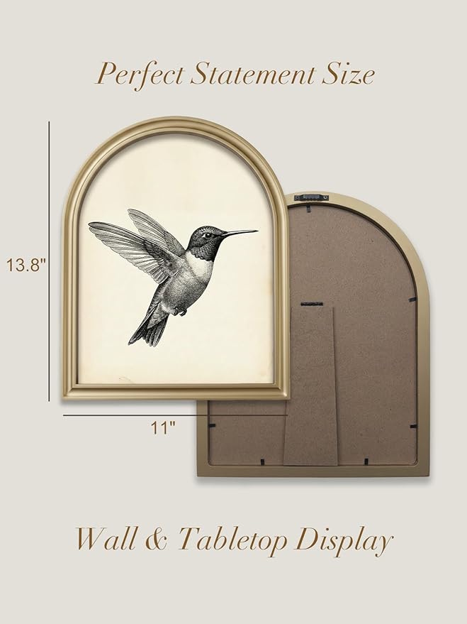 TwoDays Gold Vintage Hummingbird Arched Wood Framed Wall Art – Nature Bird Canvas Picture for Home Aesthetic Wall Decor, Cottagecore Farmhouse Artwork Prints for Living Room, Bedroom (11" x 13.8")