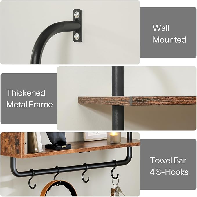 HOOBRO Floating Shelves with LED Lights, 29.5" LED Wall Mounted Gaming Shelf, 3-Tier Pipe Display Rack with Hanging Rod and 4 S-Hooks, for Storage Livingroom, Bedroom, Rustic Brown and Black BF21DBJ01