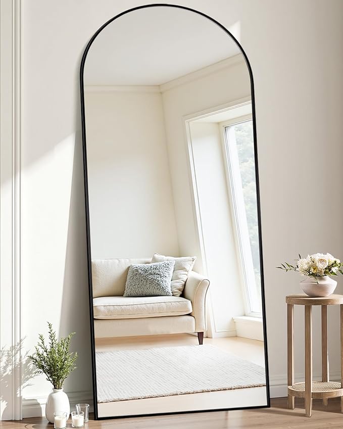 Suidia 58"x21" Arched Full Length Mirror with Stand, Full Body Mirror with Aluminum Frame, Freestanding/Leaning/Wall-Mounted, Floor Mirrors for Bedroom, Living Room, Entryway, Dressing Room, Black