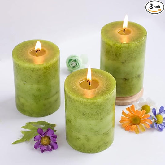 Green Pillar Candles Set of 3 Sage Scented Long Burning Candles 3x4 inch Aromatherapy Clean Burn Dripless Candle for Dinner Table,Weddings, Holidays Home Decorations