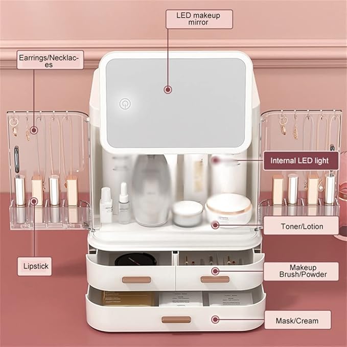 Storage Box with Mirror Light Desktop Makeup Organizer Case Dust-Proof Drawer Type Jewelry Box (Color : White Size : 35.526.629.719.3CM)