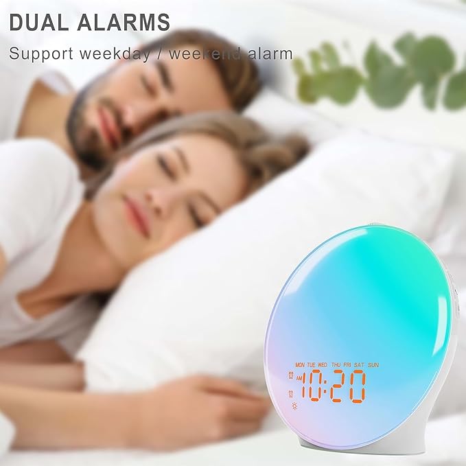 JALL Sunrise Alarm Clock with 25 Soothing Sounds, White Noise Sound Machine for Sleep, Sunset Lamp & 5W Bluetooth Speaker, Dual Alarms for Heavy Sleepers, Kids, Adults, Bedrooms, Wood Grain