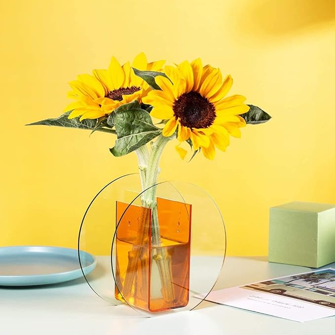 Acrylic Flower Vase Make-up Brush/Pen Holder Elegant Modern Contemporary Design Vase for Home Office Wedding Decor (Orange, Circle)
