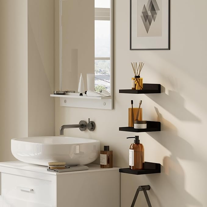 QsQueen Small Floating Shelves Mini Shelves Hanging Display 5 Inch Wall Shelf for Bathroom Livingroom Bedroom,3 Pack, with 2 Types of Installation, Great for Room Decor