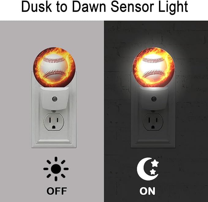 Baseball Fire Night Light Plug Into Wall Auto Led Sleep Round Lamp for Living Room Hallway Stairs