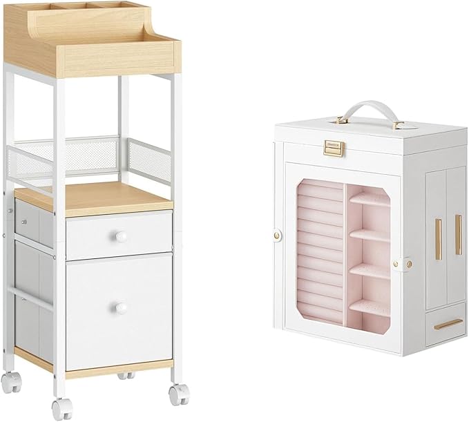 HOOBRO Jewelry Box with Mirror and Makeup Organizer Cart with Fabric Drawers Bundles, Jewelry Storage Case, Cosmetics Display Cases, for Earrings, Rings, Necklaces, Bracelets WT03JB04G2-WN19TC04
