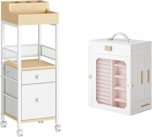 HOOBRO Jewelry Box with Mirror and Makeup Organizer Cart with Fabric Drawers Bundles, Jewelry Storage Case, Cosmetics Display Cases, for Earrings, Rings, Necklaces, Bracelets WT03JB04G2-WN19TC04
