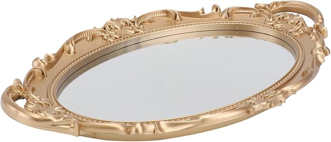 Retro European Style Mirror Tray Perfume Storage Plate Decorative Makeup Organizer Elliptical Gold Background Mirror for Home Décor and Photography Props