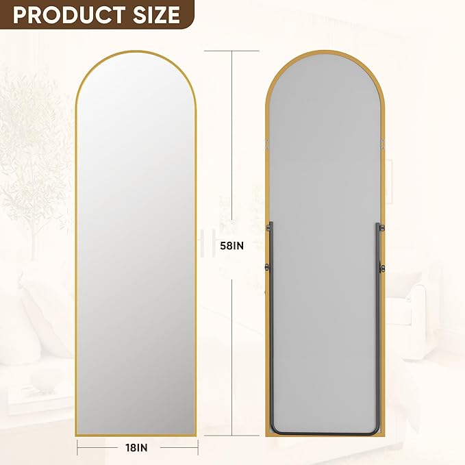 Antok Full Length Mirror, 58"x18" Floor Mirror with Stand, Hanging Mounted Mirrors for Bedroom, Living Room, Cloakroom, Dining Room, Gold, Arched