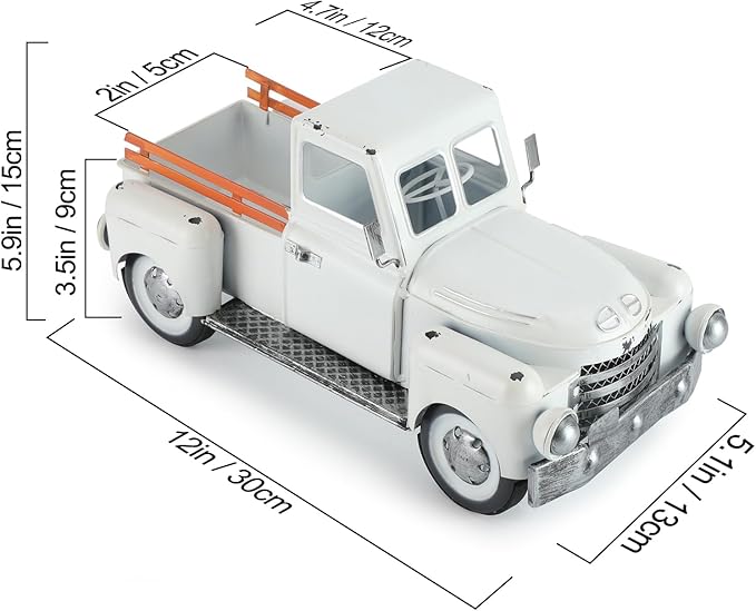 Farmhouse White Truck Decor, Vintage Metal Rustic Outdoor/Indoor Pickup Planter, Decorative Tabletop Storage, Farm Table Car Model Gift
