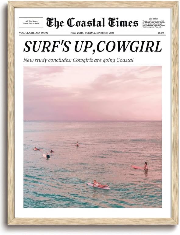 Bwodke OAK Wood Framed Wall Art Surf’s Up Coastal Cowgirl Canvas Art Vintage Newspaper Pictures Western Wall Decor Hot Girls Prints Trendy Artwork for Girly Dorm Bedroom 12"x16"