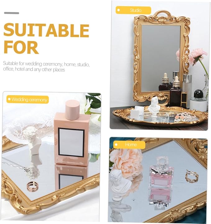 Mirror Tray for Dresser and Perfume, Vintage Decorative Vanity Tray with Glass Plate, Bedroom Makeup Organizer for Jewelry and Fragrance Display