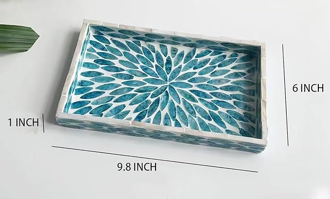 Decorative Serving Tray Lacquer Mother of Pearl Inlay Mosaic Trays for Living Room Kitchen Decor Coffee Table Tray for Tea, Table, Breakfast in Bed Trays 9.8In