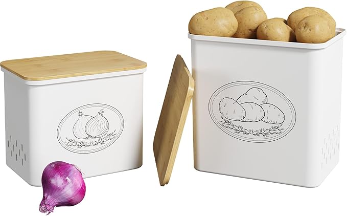Lifewit Potato and Onion Storage Bin, Stackable Garlic Keeper with Aerating Holes and Lid, Plastic Vegetable Container Box for Pantry Countertop, White, 24 x 18 x 24 cm/9.5 x 7 x 9.5 inch, Set of 2