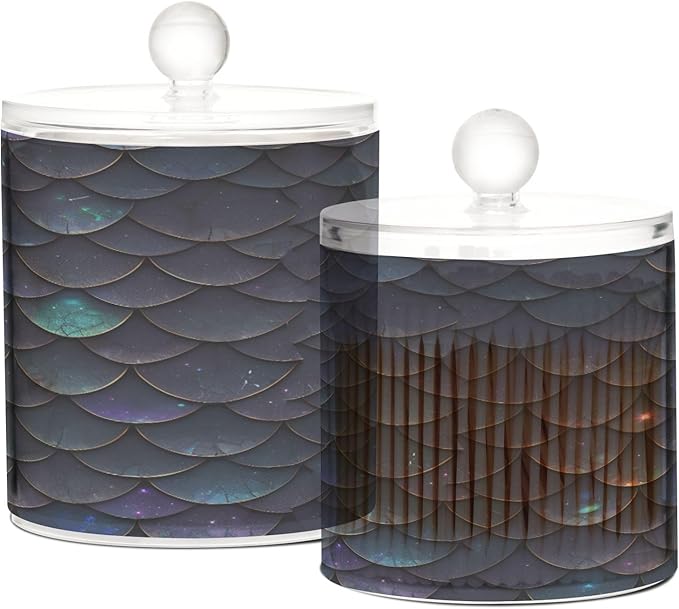 Black Dragon Scalesglittering Clear Plastic Makeup Organizer Storage with lid Pantry Essentials Decorative storage bin for Cotton Swabs,Cotton Pads,Floss Picks,Paper Clips,Hair Clips 2 Pack