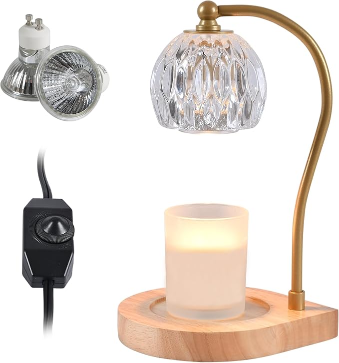 Candle Warmer Lamp,Candle lamp,Vintage Crystal Candle Wax Warmer,Heat Adjustable,Birthday Gifts for Women mom,with 2 Bulbs,Wooden Base(Transparent)