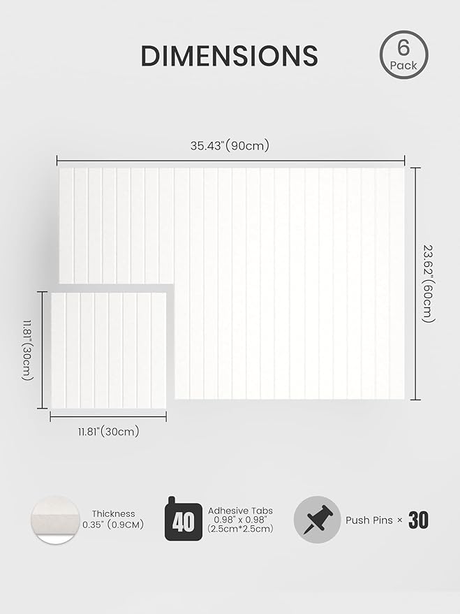 Bumusty Large Cork Board Alternative-36 x 24" Felt Bulletin Board Tiles, with 30 Pushpins, 40 Adhesive Tabs, Fine-Stripe 6-Pack, Cork Boards for Office Push Pin Board Felt Board-Milky White