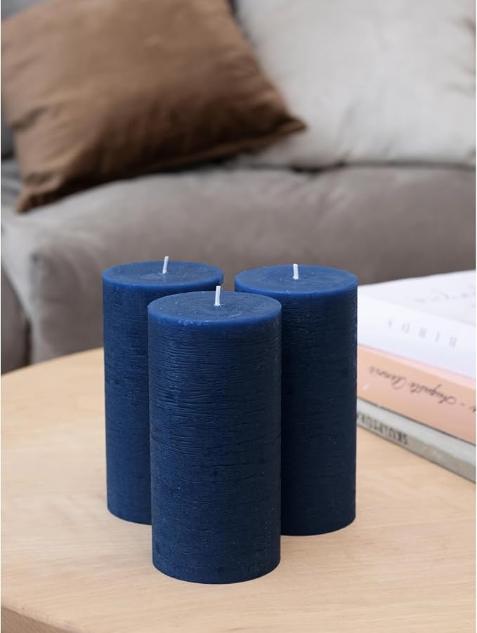 CANDWAX Large Pillar Candles 3x6 Inch – Set of 3 Unscented Dripless Dark Blue Candles, Rustic Finish for Weddings, Home Interior, Centerpieces