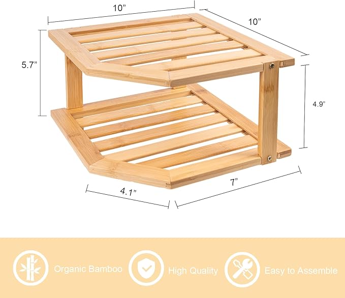 VERTORGAN Bamboo Corner Shelf(2 Pack),2 Tier Plate Organizer for Cabinet and Countertop,Pantry Dish and Spice Rack for Kitchen