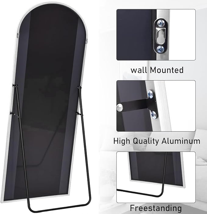 Floor Length Mirror, 76"x34" Arch Full Length Mirror Hanging or Leaning, Body Mirrors with Stand, Arched-Top Wall Mounted Mirrors with Aluminum Frame for Bedroom (White)
