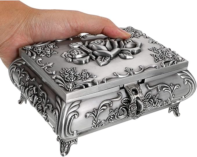Hipiwe Vintage Metal Jewelry Box Small Trinket Jewelry Storage box For Rings Earrings Necklace Treasure Chest Organizer Antique jewelry Keepsake gift Box Case for Women (Large)