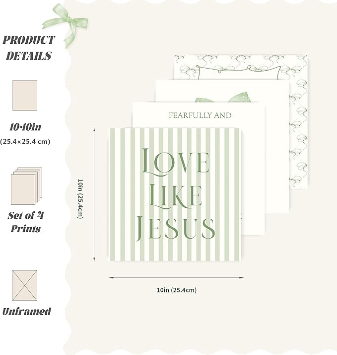 LARTSFRO Coquette Sage Green Bow Jesus Wall Art Decor Posters, Green Bow Christian Room Bedroom Bathroom Wall Art Decor Aesthetic for Teen Girls Gifts, Inspirational Bible Verses Bow Wall Decor, 10x10 Inch Set of 4 Bow Pictures(UNFRAMED)
