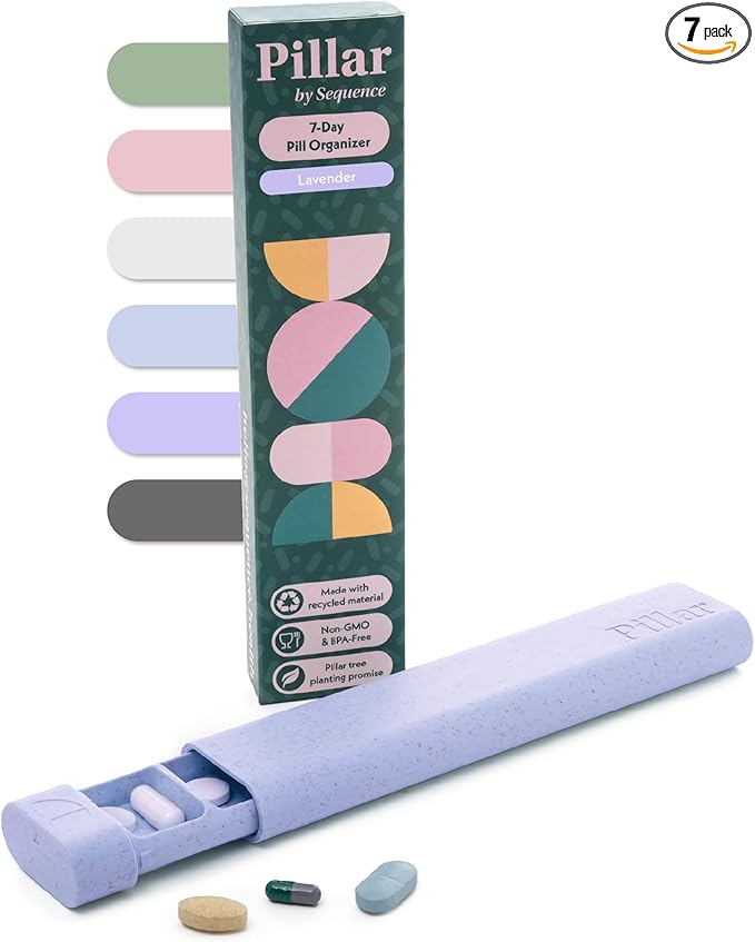 Pillar - 7-Day Pill Organizer | Weekly Medicine Pill Container Travel Box - Aesthetic Medication Holder - Stylish Travel Pill Case - Cute Small Medication Organizer 7 Day for Women (Lavender)