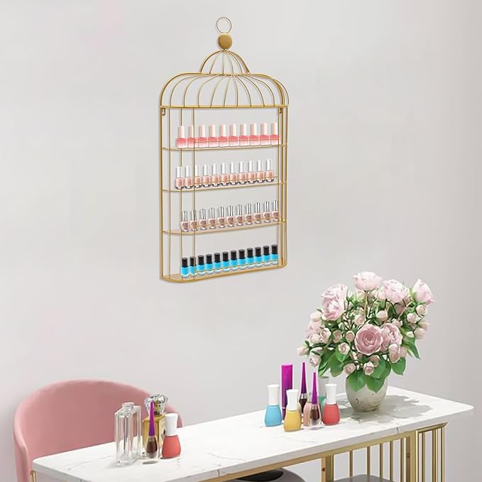 4-Tier Nail Polish Wall Racks 20 * 37 Inch Hold Up to 200 Bottles Birdcage Iron Nail Polish Shelf Organizer Wall Mounted 4 Rows (Gold)