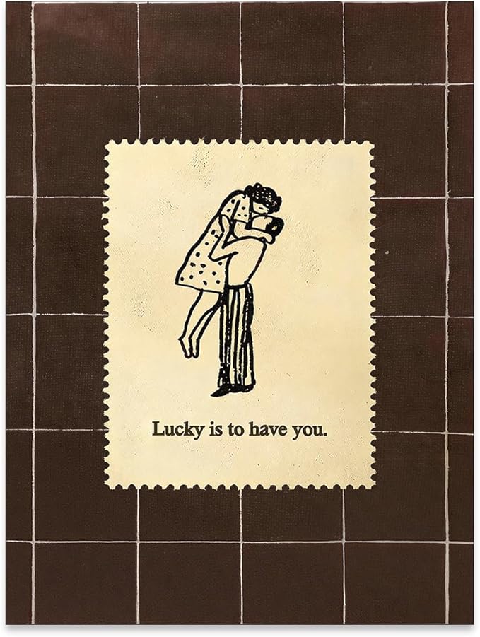 WIUHIO Brown Mid-Century Couples Wall Art Valentine Quotes Lucky Is to Have You Poster Vintage Romantic Anniversary Canvas Prints Modern Love Wall Decor for Bed Living Room 08x10 inch Unframed