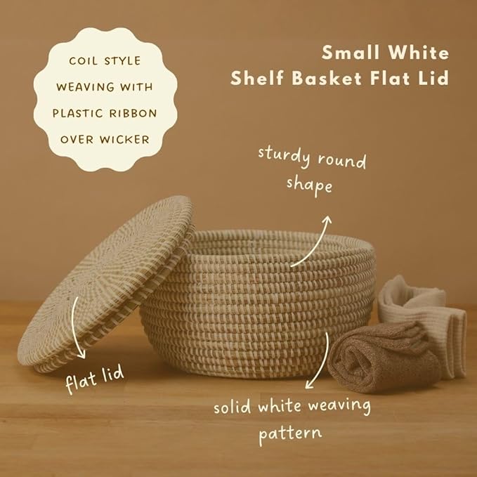 Small Woven Basket with Lid, White, Flat Lid, 10 Inch Wide