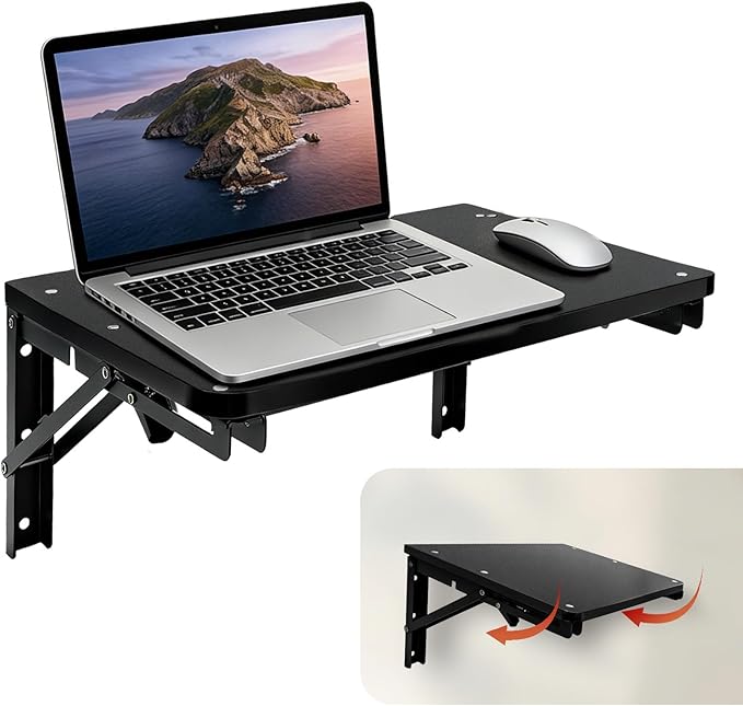 Wooden Folding Shelf Wall Mounted for Small Space, Wall Table for Living Room Bedroom Decor, Home Office Floating Fold Down Desk, Media Shelves with Heavy-Duty Brackets Holds Up to 55lbs Black