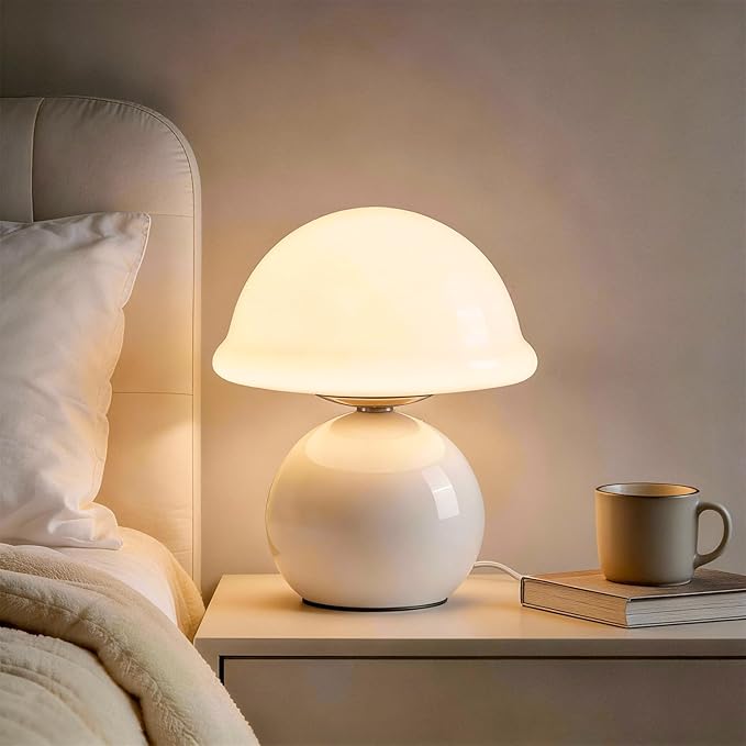 Mushroom Table Lamp for Bedroom, Cozy Bedside Lamp with Glass Shade, Stepless Dimmable Nightstand Lamp for Relaxing Bedroom Decor & Aesthetic Home (White)