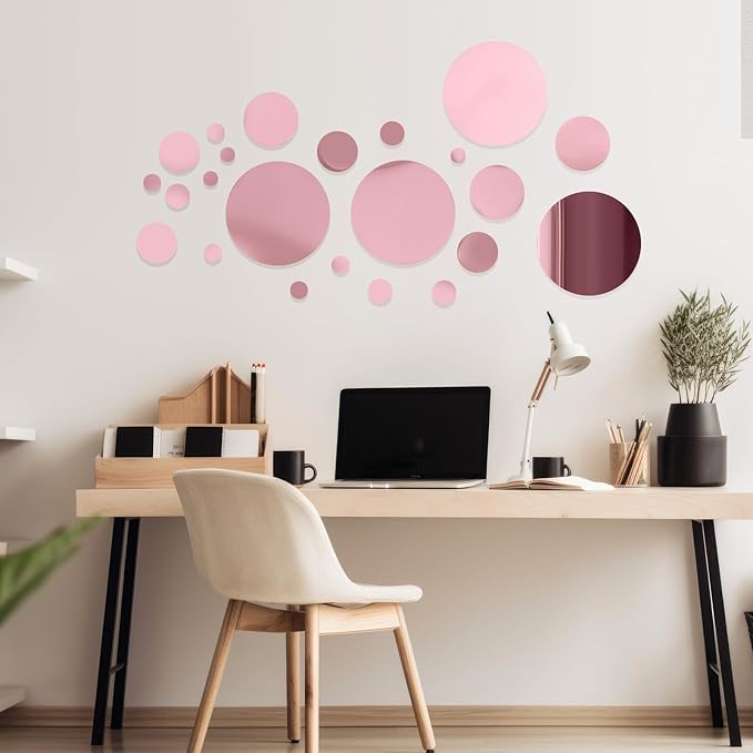 Shappy 32 Pcs Acrylic Mirror Wall Stickers Removable Round Wall Decal Circle Mirror Tiles for Home Bathroom Living Room Bedroom TV Background Decor (Pink,Medium Size)