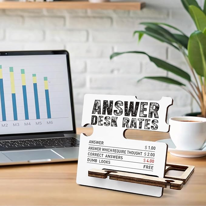 Funny Office Gifts for Coworkers Boss Employee - Multi-functional Desk Organizer - Humorous Answer Desk Rates Office Quote Wooden Sign for Office Desk Shelf Decor