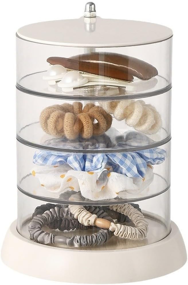 360 Degree Rotating Transparent Jewelry Storage Box Multi-Layer Organizer for Hair Accessories Makeup Tools Space Saving Clear PP PET Vertical Design Stackable Compartment(E)